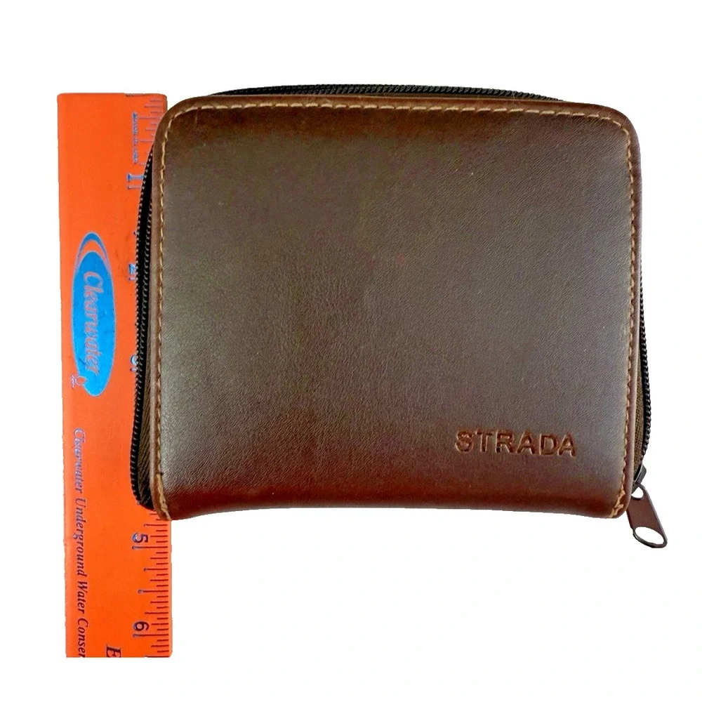 STRADA Brown Leather Wallet with Zip-Around Closure for Men or Women